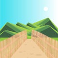 Mountain green landscape wood fence path blue sky flat design art design stock vector illustration